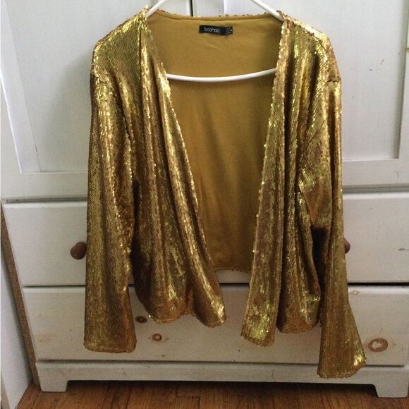 Boohoo Sz 14 open gold sequin jacket - Picture 1 of 5